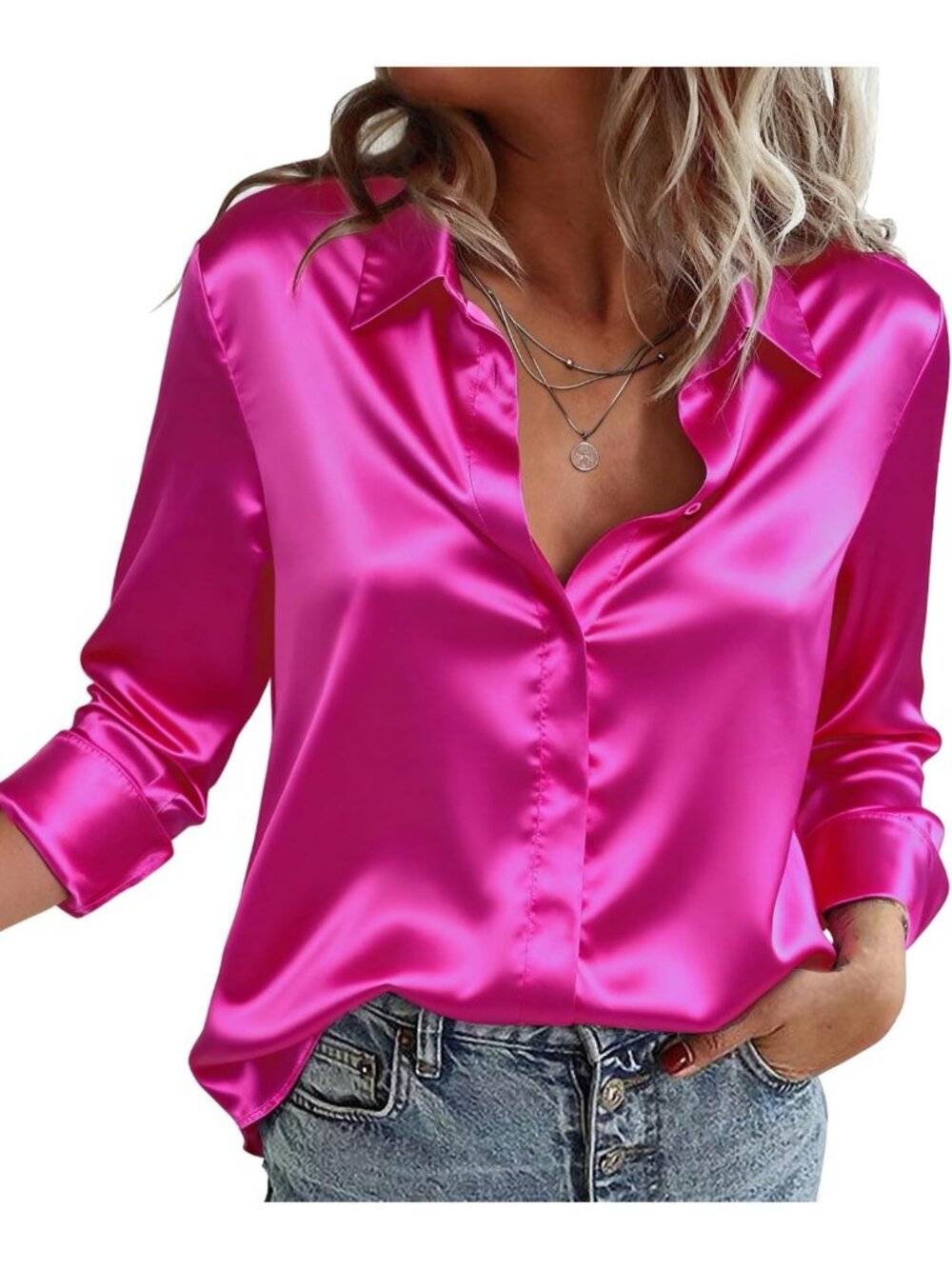Chic Satin Blouse for Women | Long Sleeve Button Down Silk Tunic Top for Work
